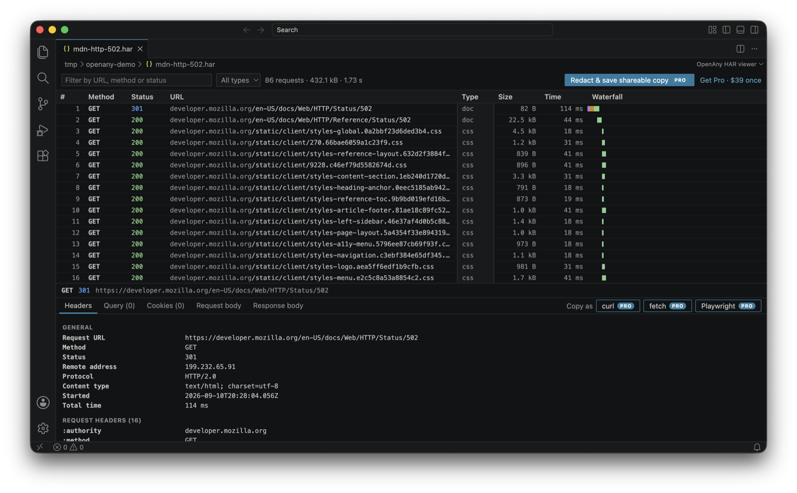 OpenAny HAR viewer showing a request list, waterfall and response body